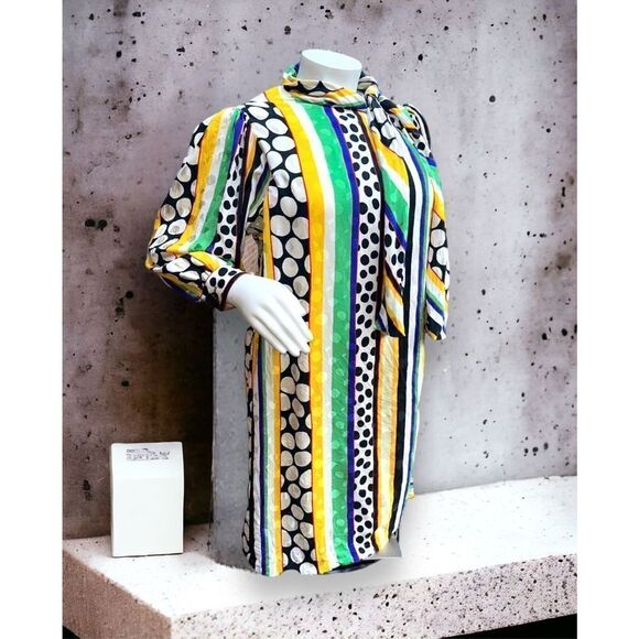 VINTAGE 80'S ADELE SIMPSON MULTI PRINT MOD DRESS Sz 16 - Picture 3 of 11